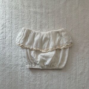 elan Cream Cotton & Linen Ruffle Strapless Top